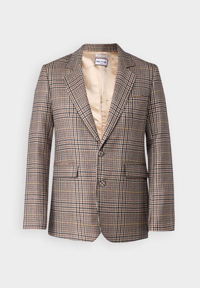 Blazer en vichy dans des teintes marron, beige et rouge. Doté d'un revers à cran, de deux poches avant et d'un intérieur doublé en satin.