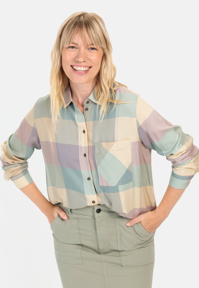 Long-sleeve button-up shirt in a soft, lightweight fabric featuring a multicolored plaid pattern with shades of blue, green, and beige.