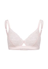 Kant bralette in zacht roze met bloemenpatroon, driehoekige cups, verstelbare bandjes en een haak-en-oogsluiting aan de achterkant.