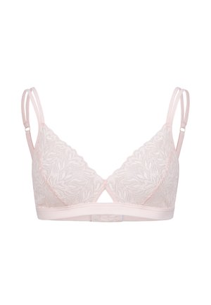 Kant bralette in zacht roze met bloemenpatroon, driehoekige cups, verstelbare bandjes en een haak-en-oogsluiting aan de achterkant.