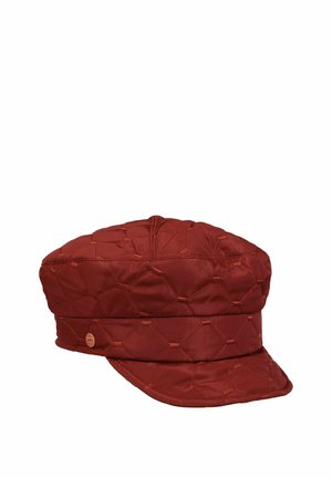 Quilted maroon fabric cap with a short brim and hexagonal stitched pattern, featuring a small round metal logo on the side.