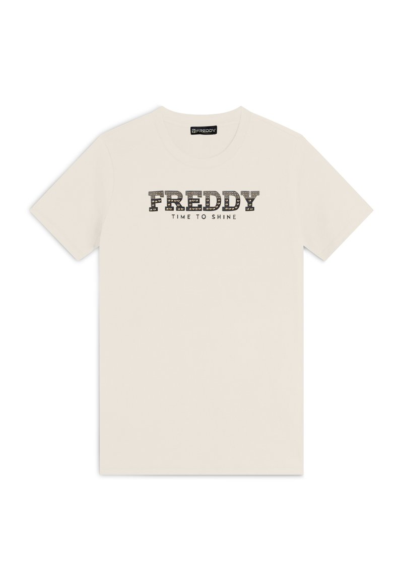 T-shirt in cotone color crema con una grafica testuale nera recante la scritta "FREDDY TIME TO SHINE" centrata sul davanti.