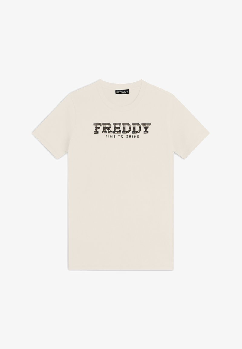 T-shirt in cotone color crema con una grafica testuale nera recante la scritta "FREDDY TIME TO SHINE" centrata sul davanti.