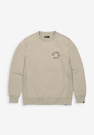 Beige sweatshirt met een ronde halslijn, ribgebreide mouwen en zoom. Heeft een circulair logo met de tekst "BUTCHER OF" op de linkerborst in een donkere kleur.