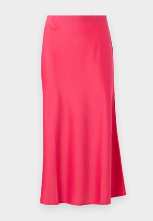 Satin midi svārki spilgti rozā ar sānu šķēlumu. Gluda tekstūra, taisna silueta un vienkārša josta bez rotājumiem.