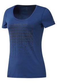 Mörkblå kortärmad T-shirt i mjukt material; har upprepade "RUN"-texter i varierande opacitet på framsidan; rundad halsringning.