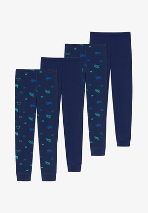 Set di leggings navy con quattro paia, caratterizzato da motivi cartoon di trattori e granchi in verde e blu, realizzato in morbido e elastico cotone.