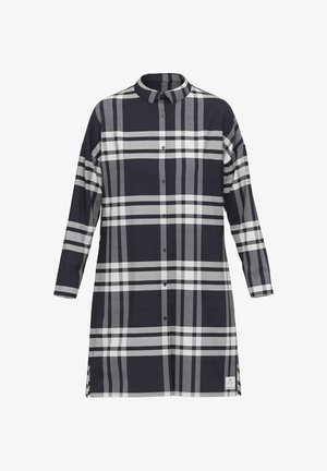 Langarmshirt in marineblauw en wit ruitpatroon. Beschikt over een kraag, knoopsluiting aan de voorkant en zijsplitten aan de zoom. Katoenmengsel textuur.