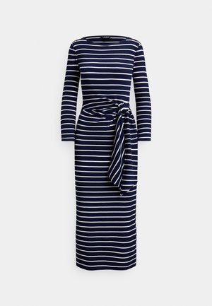 Navy and white striped long-sleeve dress with a fitted silhouette, featuring a tied waist detail and round neckline. Soft fabric texture.