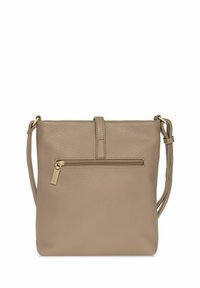 Beżowa skórzana torebka na ramię o teksturowym wykończeniu, z przednią kieszenią zapinaną na zamek błyskawiczny i regulowanym paskiem. Minimalistyczny design, kompaktowy kształt.