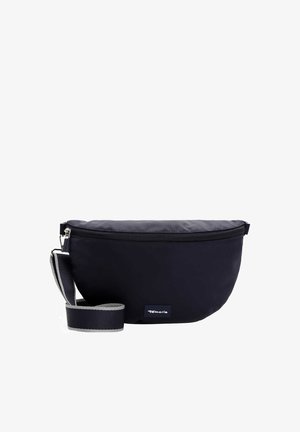 Granatowa torba na ramię z tkaniny z zamkiem błyskawicznym, regulowanym paskiem i małą naszywką z logo. Zaokrąglony kształt z subtelnym teksturowanym wykończeniem.