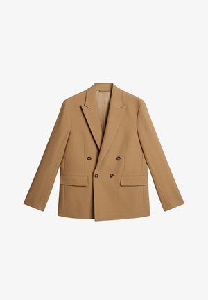 Blazer doppiopetto color tannato con rever a punte, due tasche davanti e bottoni marroni scuri. Tessuto liscio e sartoriale con una forma ben definita.