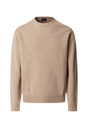 Beige gebreide trui met een ronde hals, geribbelde zoom en mouwen, gemaakt van zacht materiaal. Subtiele logodetail op de borst.