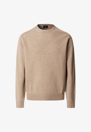 Beżowy sweter dzianinowy z okrągłym dekoltem, prążkowanym dołem i mankietami, wykonany z miękkiego materiału. Subtelny detal z logo na klatce piersiowej.