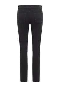 Fekete farmernadrág, slim fit fazonnal, díszítő varrással a hátsó zsebeken, hagyományos derékkal és sima textúrával.