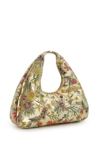 Schultertasche mit Blumenmuster, goldfarbener Metallic-Oberfläche, weicher Textur, geschwungener Form und großem Ausschnittgriff. Ausgestattet mit lebhaften Farben.