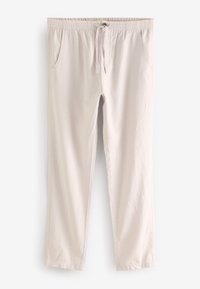 Pantaloni color beige chiaro con vita elastica e cordoncino, due tasche laterali e design a gamba dritta. Materiale in cotone morbido.