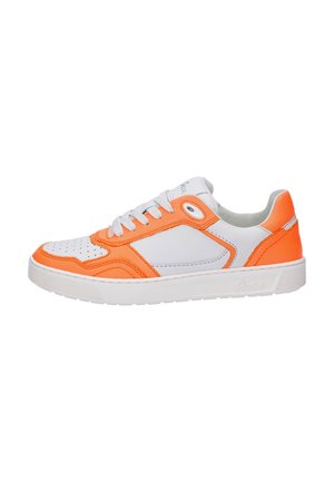 White and orange low-top sneakers featuring a textured design, perforated toe, laces, and a contrasting heel accent.