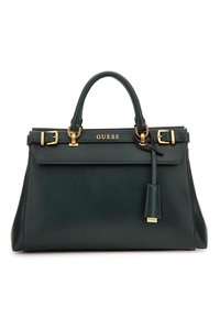 Vihreä nahkainen käsilaukku, jossa on jämäkkä muotoilu, yläkahvat, kullanväriset metalliosat ja irrotettava nimikemerkki. Ominaisuuksiin kuuluu merkitty logo.