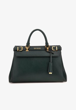 Groene leren handtas met gestructureerd ontwerp, bovenhandvatten, gouden hardware-accenten en een afneembare gelabelde detail. Voorzien van een merklogo.