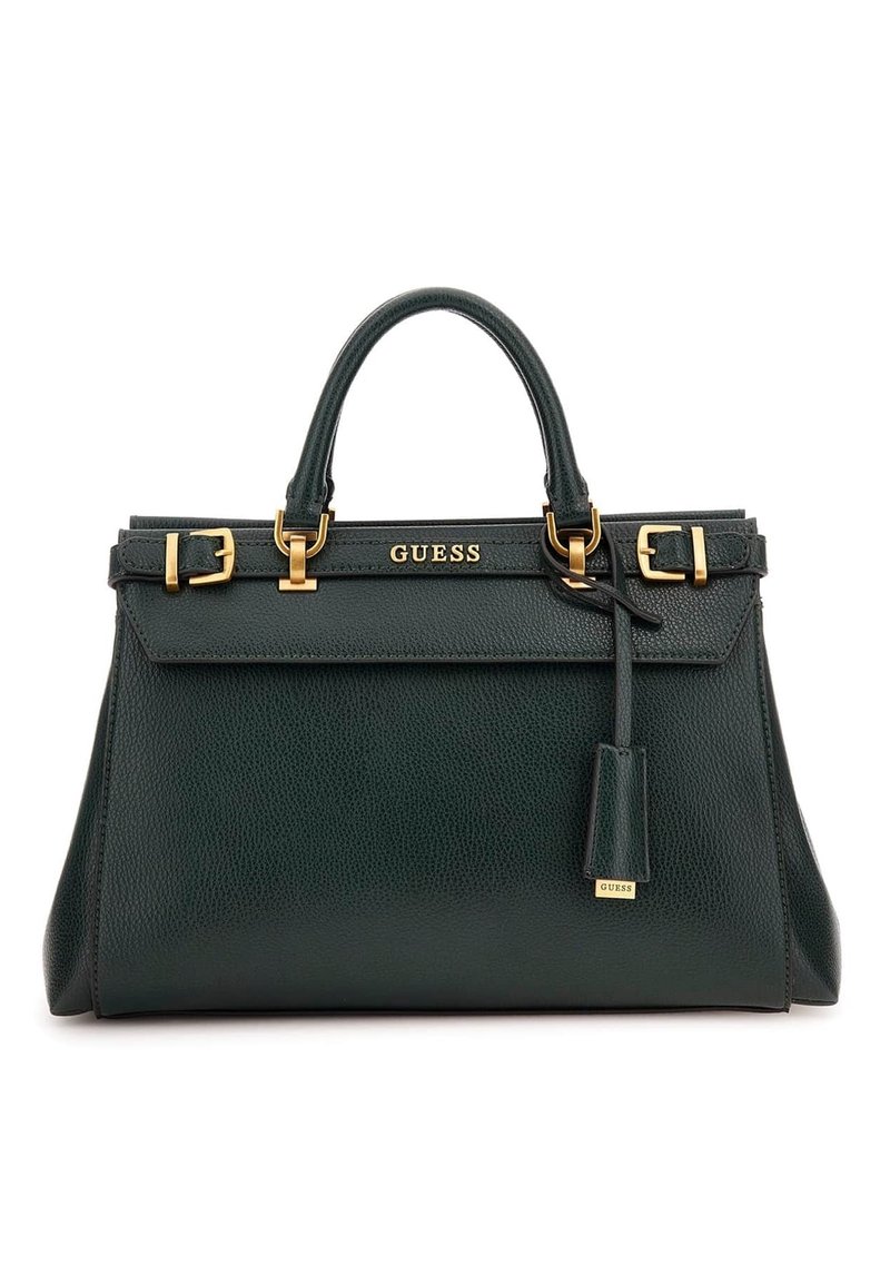 Vihreä nahkainen käsilaukku, jossa on jämäkkä muotoilu, yläkahvat, kullanväriset metalliosat ja irrotettava nimikemerkki. Ominaisuuksiin kuuluu merkitty logo.