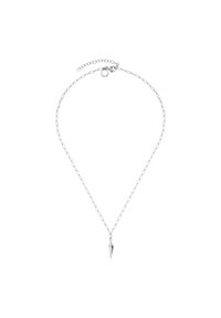 Collier en chaîne argentée avec un pendentif pointu. Présente des maillons intricats et un fermoir avec une chaîne réglable pour personnaliser la longueur.