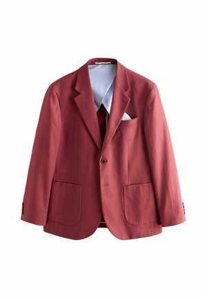 Ein einreihiges Herrenblazer in Weinrot mit einem Knopf, Revers mit Kerbe, aufgesetzten Taschen vorne und einem innen sichtbaren hellblauen Hemdkragen.