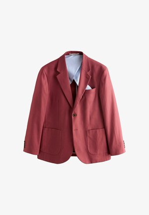 Ein einreihiges Herrenblazer in Weinrot mit einem Knopf, Revers mit Kerbe, aufgesetzten Taschen vorne und einem innen sichtbaren hellblauen Hemdkragen.