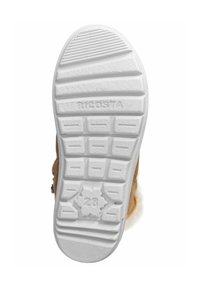 Suela de un zapato con una parte inferior de goma blanca texturizada con ranuras y un logo elevado. Parte superior marrón visible a lo largo de los bordes. Talla 28.