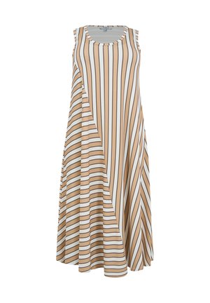 Mouwloze jurk tot op de knie met beige, witte en bruine verticale en diagonale strepen en een ronde halslijn.