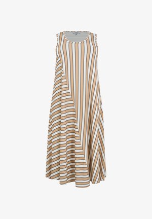 Sleeveless, knee-length dress with beige, white, and brown vertical and diagonal stripes and a round neckline.