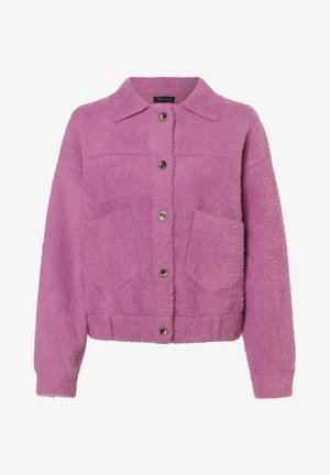 Veste boutonnée couleur lavande à texture douce, avec col, manches longues et deux poches plaquées à l'avant, étiquetée "Mare Lund".