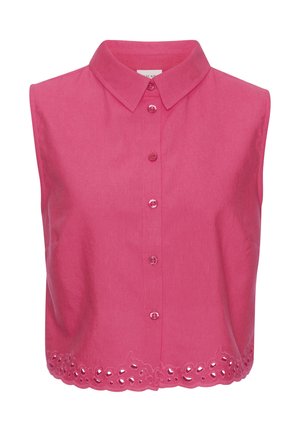 Sleeveless pink blouse with a collared neckline, front button closure, and detailed cut-out hem pattern. Made from a lightweight fabric.