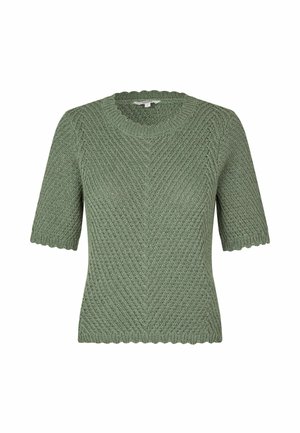 Kurzärmeliges, geripptes Strickpullover in weichem Grün mit gewelltem Ausschnitt und Chevron-Musterstruktur. Mittleres Gewicht, lässiges Design.