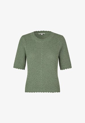 Kurzärmeliges, geripptes Strickpullover in weichem Grün mit gewelltem Ausschnitt und Chevron-Musterstruktur. Mittleres Gewicht, lässiges Design.