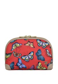 Rood stoffen zakje met kleurrijke vlinderpatronen, beige randen, een gouden rits en een klein metalen bloemvormig embleem.