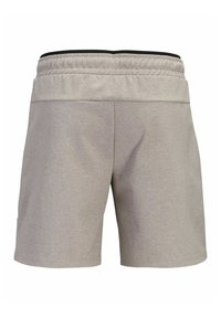 Ανοιχτό γκρι casual σορτς με ελαστική μέση και χωρίς ορατές τσέπες, απεικονίζονται από πίσω σε λευκό φόντο.