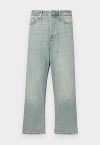 Helle blaue Denim-Jeans mit lockerer Passform, geraden Beinen und verblasstem Finish; mit klassischem Knopf- und Reißverschluss.