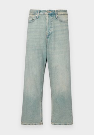 Lyseblå denimjeans med en afslappet pasform, lige ben og en falmet finish; har en klassisk knap- og lynlås-lukning.