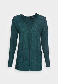 Cardigan di un verde scuro con apertura frontale, dotato di due tasche frontali, maniche lunghe e tessuto a maglia testurizzato.