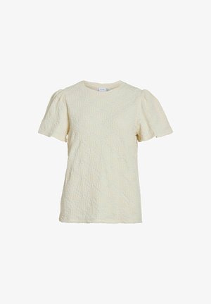 Kratka kremna majica s teksturiranim geometrijskim vzorcem, okroglim izrezom in nabranimi rokavi za strukturiran kroj. Narejena iz mehkega materiala.