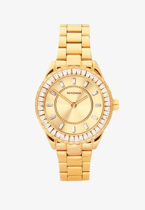 Gold-tone Sekonda wristwatch with linked bracelet, clear crystal hour markers, and a crystal-studded bezel, showing time at 1:50.