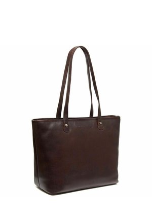 Brown leather tote bag with two shoulder straps, rectangular shape, and smooth texture; features metal accents and a subtle logo.
