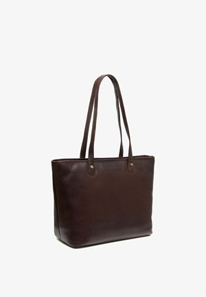 Braune Leder-Tote-Tasche mit zwei Schultergurten, rechteckiger Form und glatter Textur; verfügt über Metallakzente und ein dezentes Logo.