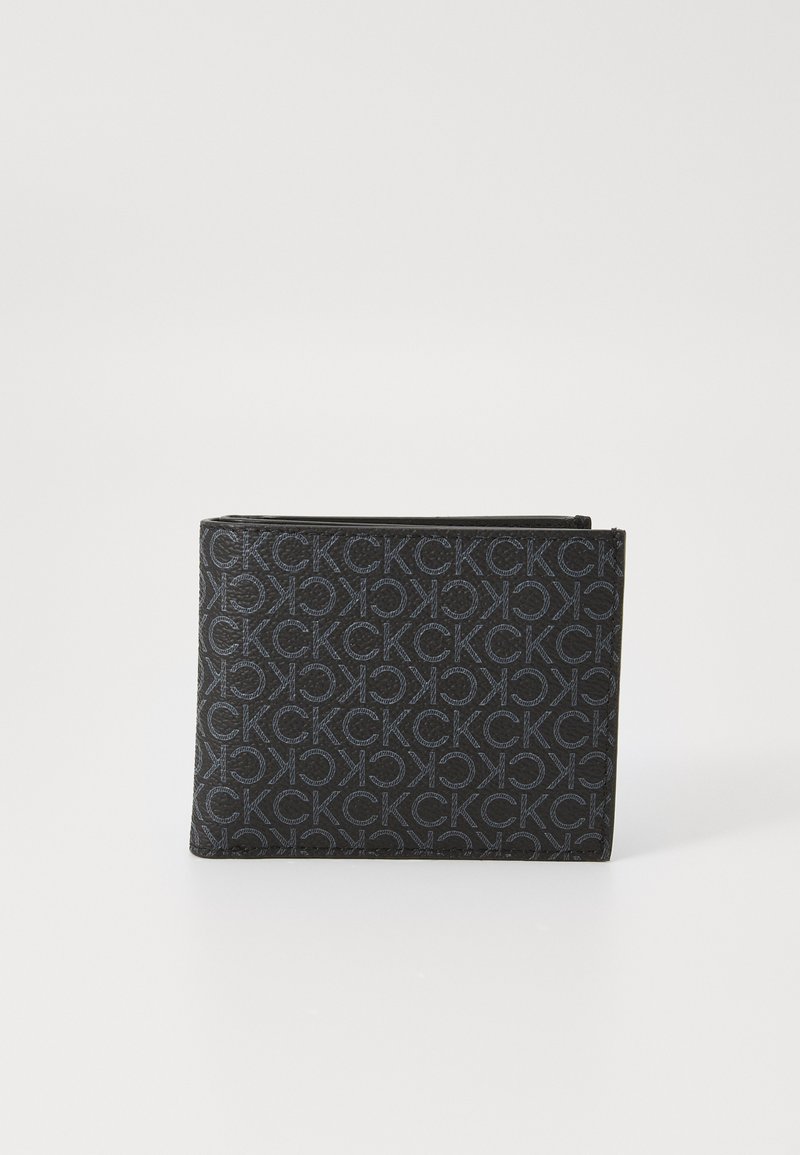 Black wallet featuring a textured pattern of interlocking letters. Compact design with smooth edges and a sturdy construction.