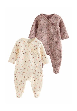Twee babyrompertjes met lange mouwen, een crèmekleurig en een mauve, beide met kleine bloemenprints en diagonale sluitingen aan de voorkant met kleine strikjes.