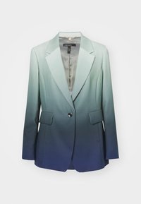 Ombre-Blazer, der von Hellgrün zu Dunkelblau übergeht, aus glattem Stoff gefertigt, mit einem einzelnen Knopf, zwei Fronttaschen und Revers.