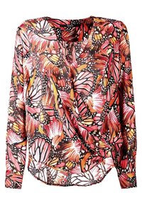 Blouse à manches longues avec un motif vibrant d'ailes de papillon orange, rose et noir, et un détail en nœud torsadé au niveau de l'encolure avant.