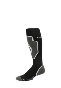 Chaussettes montantes noires avec des accents et des motifs gris, fabriquées à partir d'un mélange de matériaux pour le confort et la durabilité. Présentent un embout et un talon renforcés.