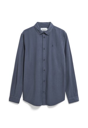 Dunkelblauses Langarmhemd aus leichtem Stoff, mit Button-Down-Kragen und kleinem Logo auf der Brust.